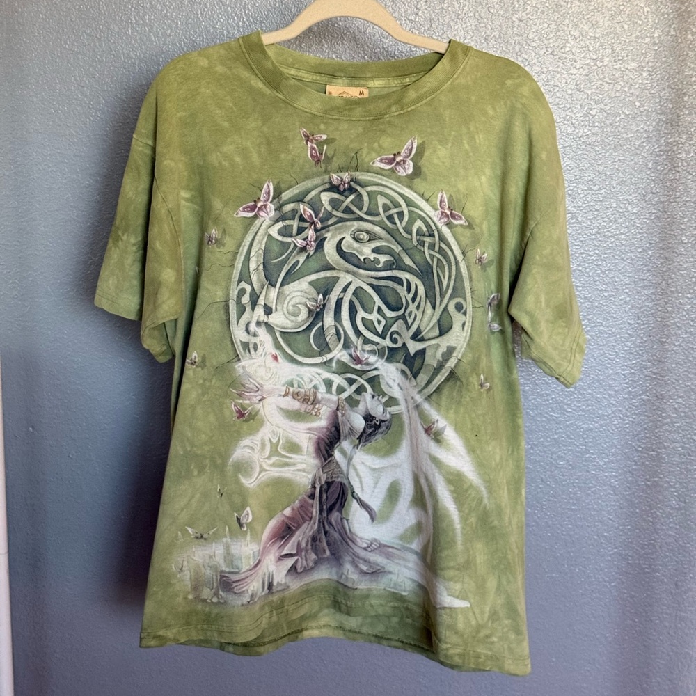 Green Tie-Dye Graphic Tee with Ethereal Woman
